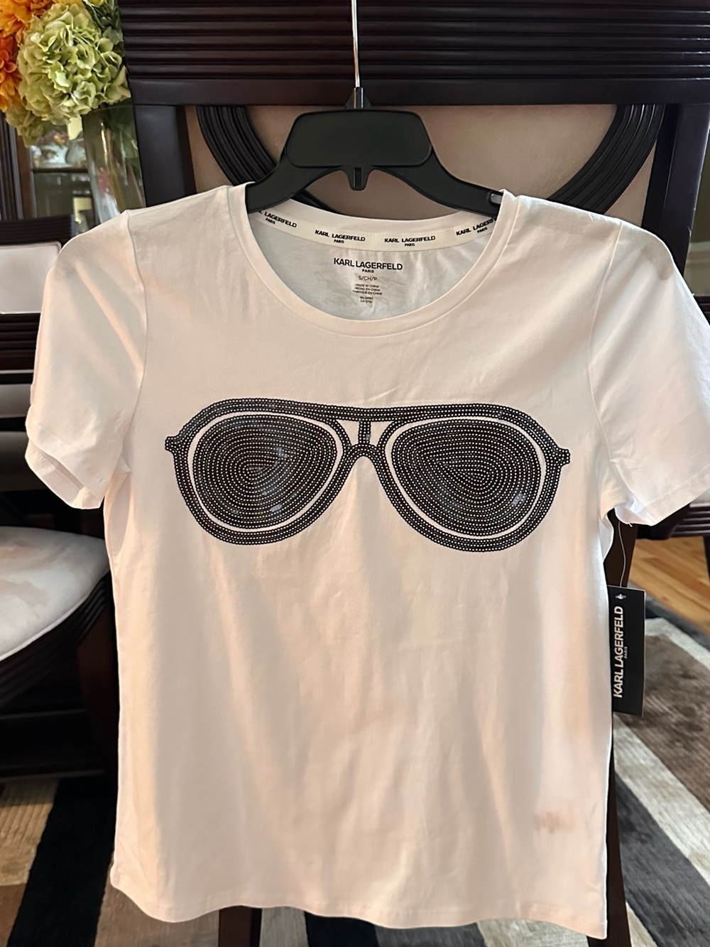 Karl Lagerfeld White Tee with Black Sunglasses Rhinestone Motif